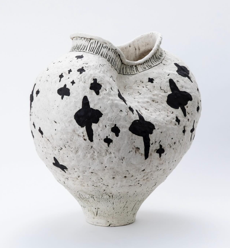 Japanese ceramic vessel — white with black markings